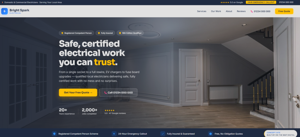 Affordable web design example - electrician website by On The Map Digital