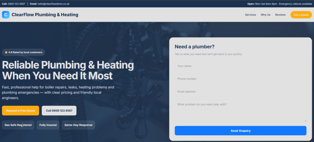 Affordable web design example - plumber website by On The Map Digital