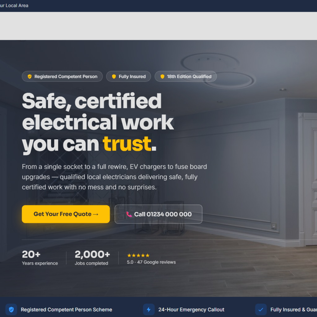example website screenshot of electricians website by on the map digital
