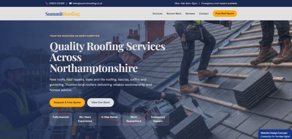 example website design Northampton screenshot of roofing company website by on the map digital